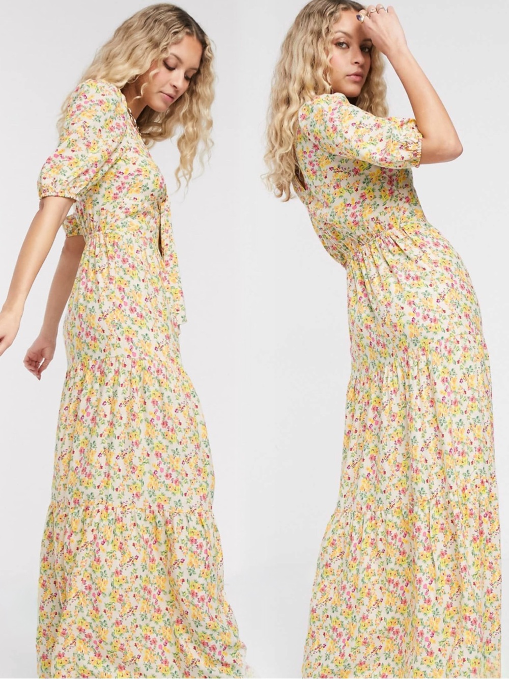 Reclaimed Vintage Floral Tie Front Tiered Maxi Dress